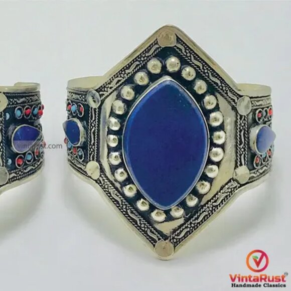 Lapis Lazuli Handmade Bracelet, Big Gemstone Bracelet, Ethnic Kuchi Statement - Picture 2 of 7